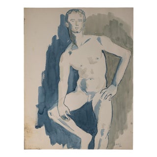 Evelyne Luez, Young Man, Nude, 20th Century, Watercolor on Paper For Sale
