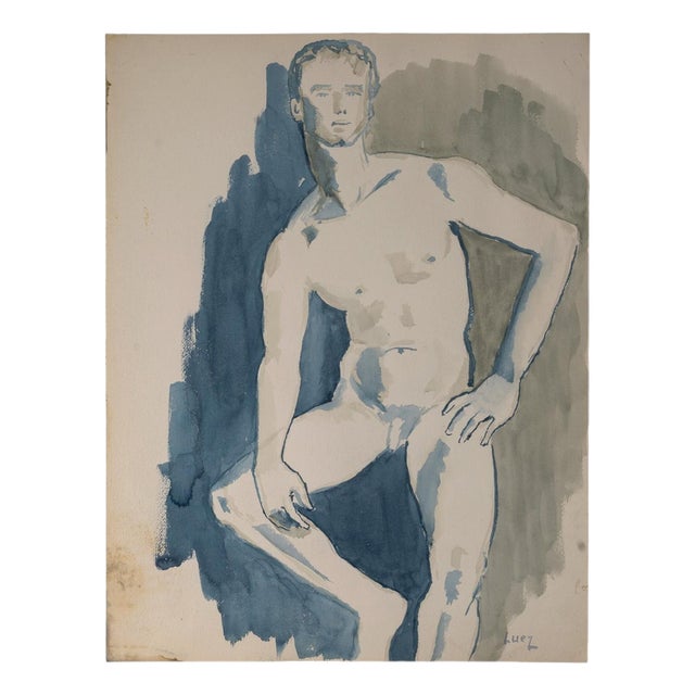 Evelyne Luez, Young Man, Nude, 20th Century, Watercolor on Paper For Sale