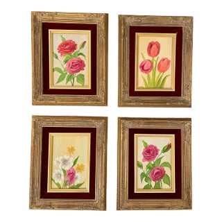 Vintage Floral Oil Paintings in Gold Frames and Velvet Mattes, Set of Four For Sale