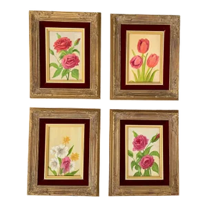 Vintage Floral Oil Paintings in Gold Frames and Velvet Mattes, Set of Four
