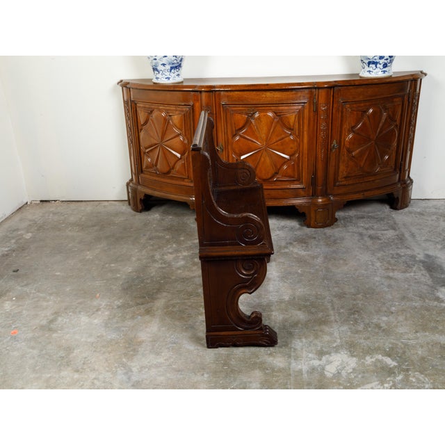 Italian Italian 19th Century Walnut Hall Bench with Carved Back and Large Volutes For Sale - Image 3 of 12