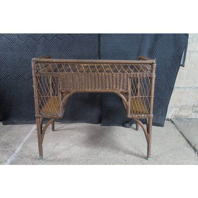 Vintage Wicker Rattan Bookcase Writing Desk & Chair Attributed to Heywood Wakefield For Sale - Image 9 of 13