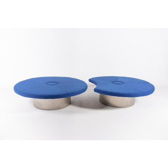 Two piece organically shaped seating islands ‘Waterlily’ from Troels Grum-Schwensen. Upholstered in blue cotton fabric,...