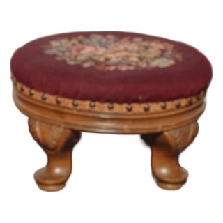 Footstool ~ Vintage French Country Burgundy Floral Round Needlepoint Footstool#2 For Sale