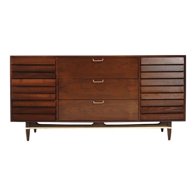 Mid Century Modern Walnut Dresser With Brass Accents, C. 1950s For Sale