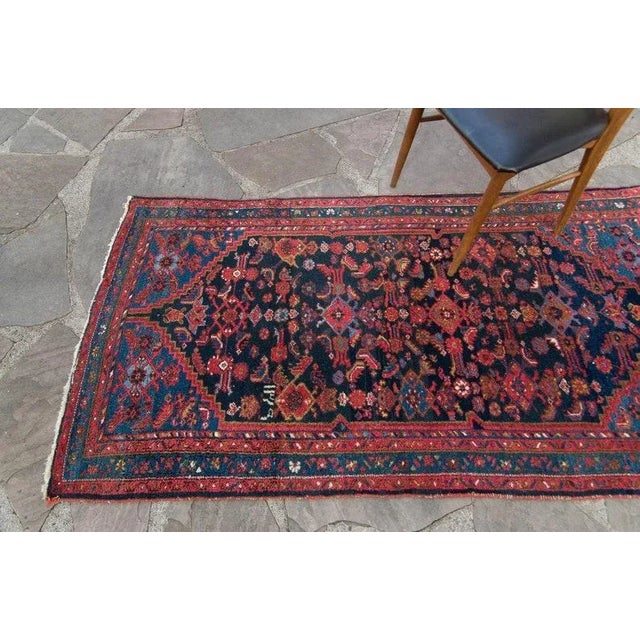 1940s 1940s Vintage Floral Geometric Ink Blue Scarlet Red Hand Knotted Wool Low Pile Accent Rug - 3’4” X 6’4” For Sale - Image 5 of 11