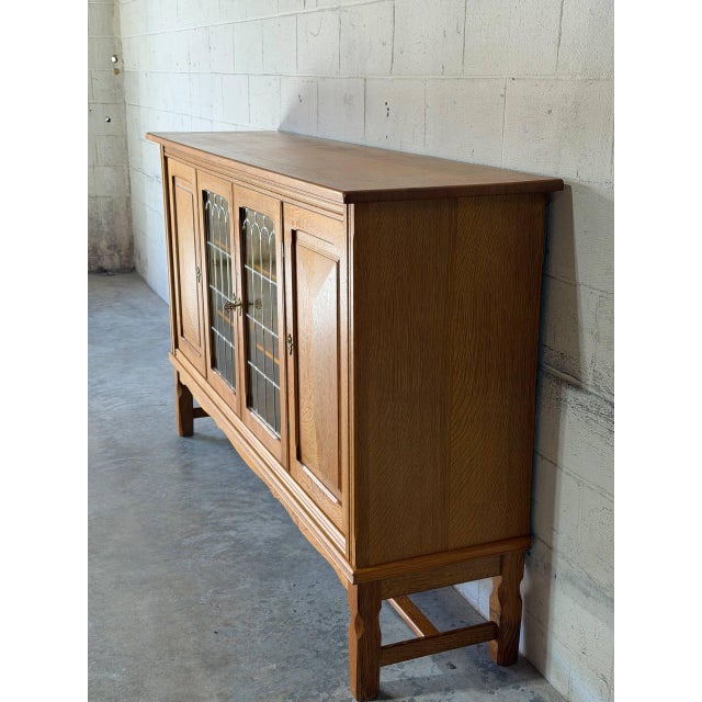 In Style of Henning Kjærnulf Oak Sideboard Credenza With Carved and Leaded Glass Doors Danish Mid-Century Modern 1970s For Sale In Los Angeles - Image 6 of 11