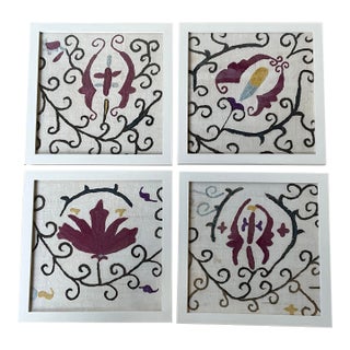 Set of 4 Antique Uzbek Suzani Textile Fragments - Framed Hand-Embroidery. For Sale