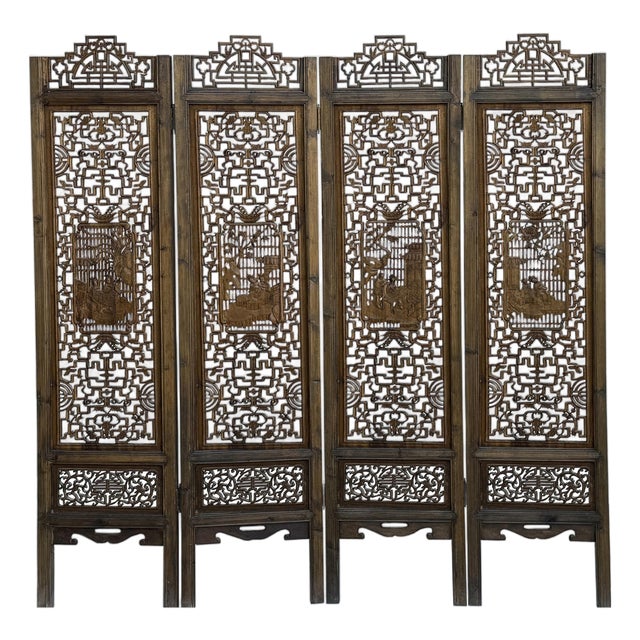 Oriental Rustic Vintage Finish Openwork Geometric 4 Panels Wood Floor Screen For Sale