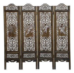 Oriental Rustic Vintage Finish Openwork Geometric 4 Panels Wood Floor Screen