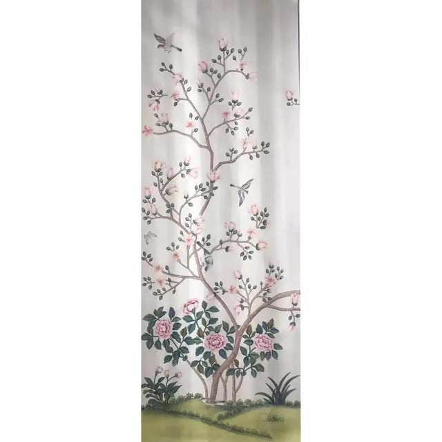Pink Pink Peony Chinoiserie Mural Hand Painted Wallpaper 36"w X 96" Panel For Sale - Image 8 of 10