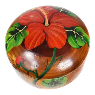 Mid 20th Century Hand Carved Hand Painted Flower Design Solid Wood Round Lidded Box For Sale