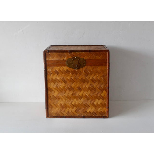 Wood Vintage Bamboo Woven Rattan Storage Chest Trunk Brass Hardware Details Lockable Mid-Century For Sale - Image 7 of 18