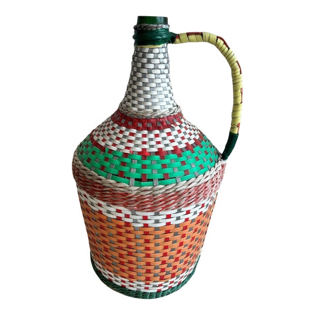 Vintage Orange, Green & White Woven Demijohn Bottle – 15” For Sale