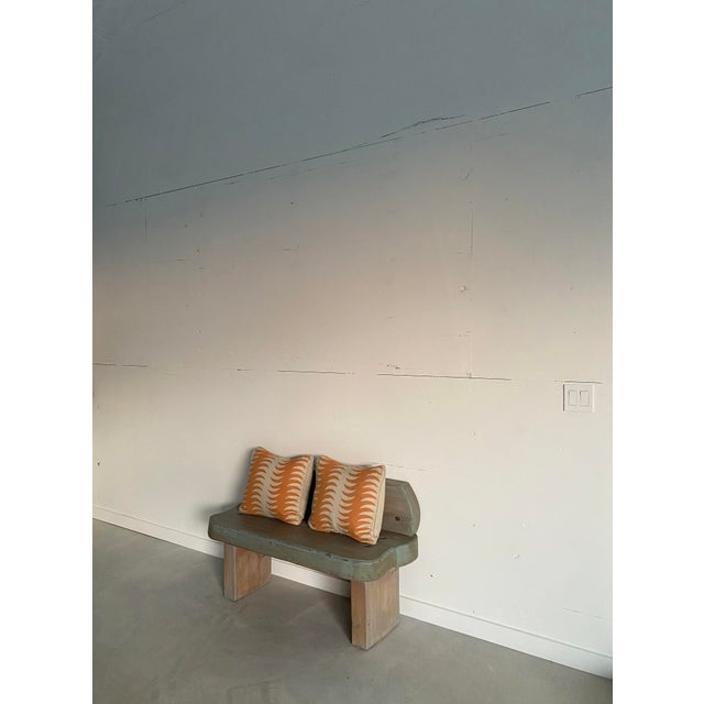 Turquoise Minimalist Chunky Pine Bench, Paint Washed, Artisan Made, 1980s For Sale - Image 8 of 18