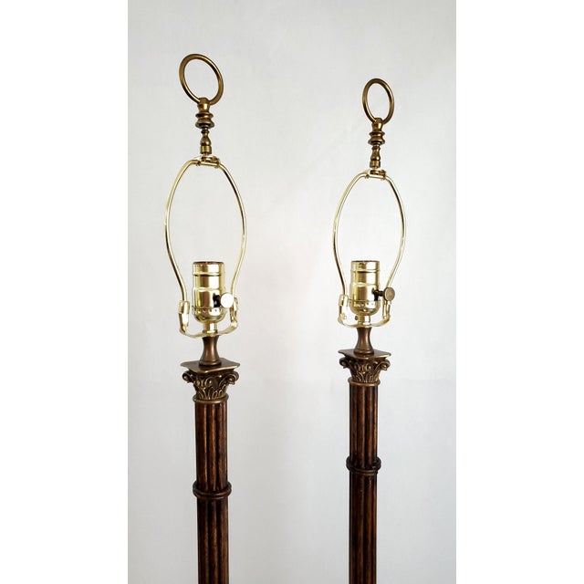 Brown Lamp Pair & Shades Faux Metal Bamboo Restored For Sale - Image 8 of 18