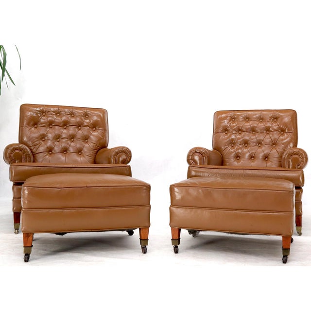 Pair of Chesterfield Style Leather Chairs W/ Ottomans Brown to Tan For Sale - Image 9 of 15
