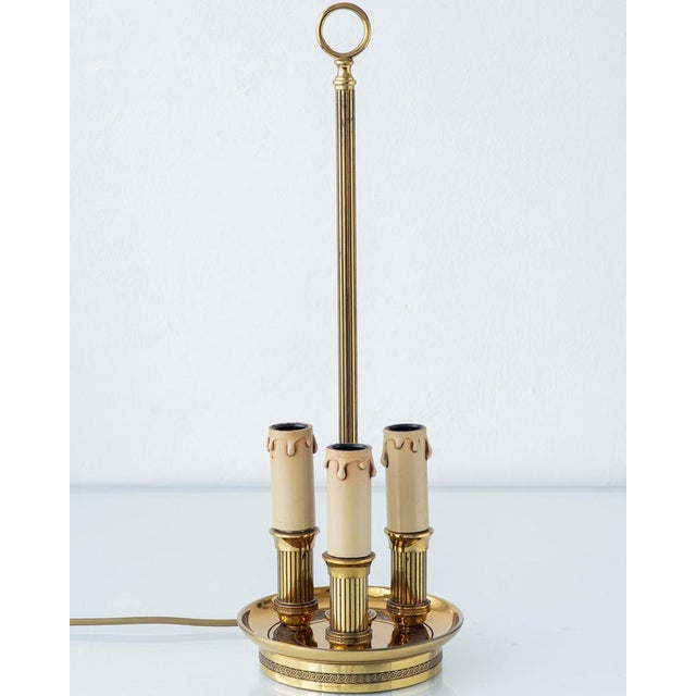 French Empire Brass Three-Light Bouillotte Lamp with Gilt Laurel Tôle Shade For Sale - Image 14 of 18