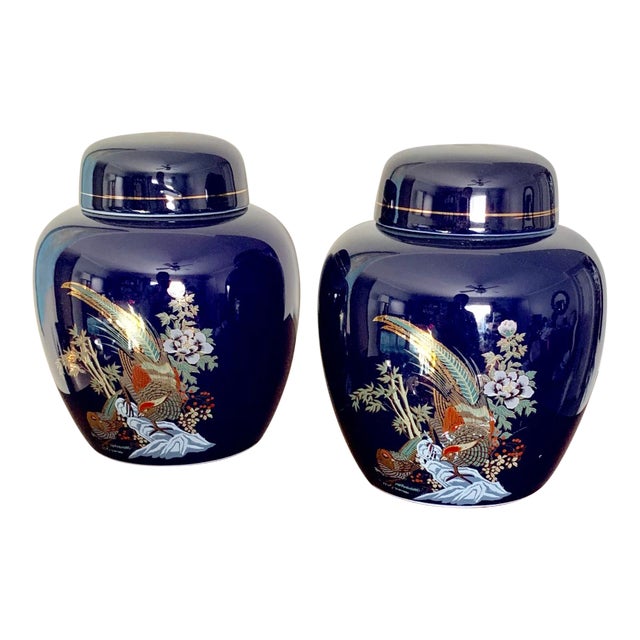 Cobalt and Gold Asian Chinoiserie Small Porcelain Ginger Jars - a Pair For Sale