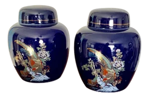Cobalt and Gold Asian Chinoiserie Small Porcelain Ginger Jars - a Pair