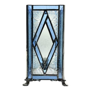 Contemporary Stained Glass Blue & Clear Snowflake Winter Small Square Panel Lamp For Sale