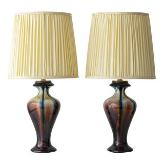 Antique Art Deco Ceramic Table Lamps by Faïenceries De Thulin, 1920s, with New Cream Pleated Silk Shades, Set of 2 For Sale