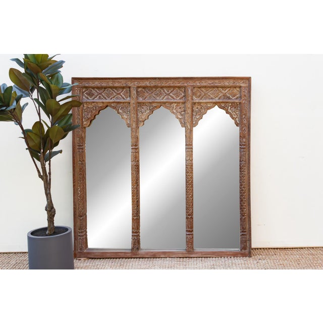 Brown Finely Carved Square Triple Arched Mirror For Sale - Image 8 of 8