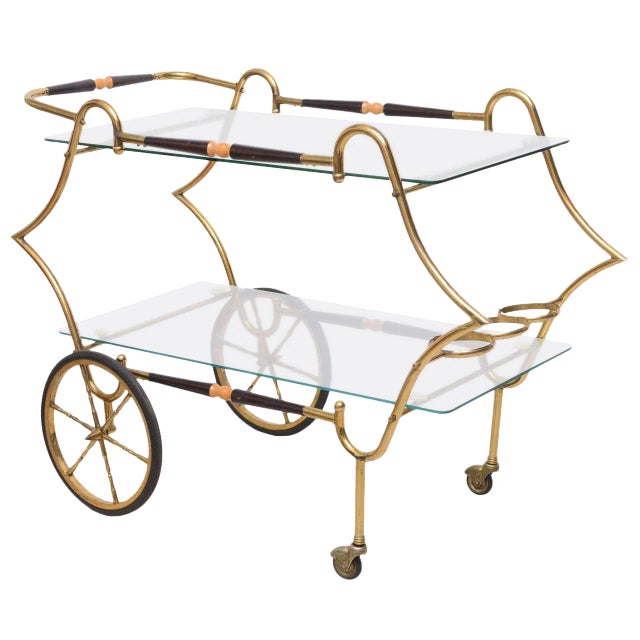 1950 Italian Brass and Glass Bar Cart Trolley Server For Sale