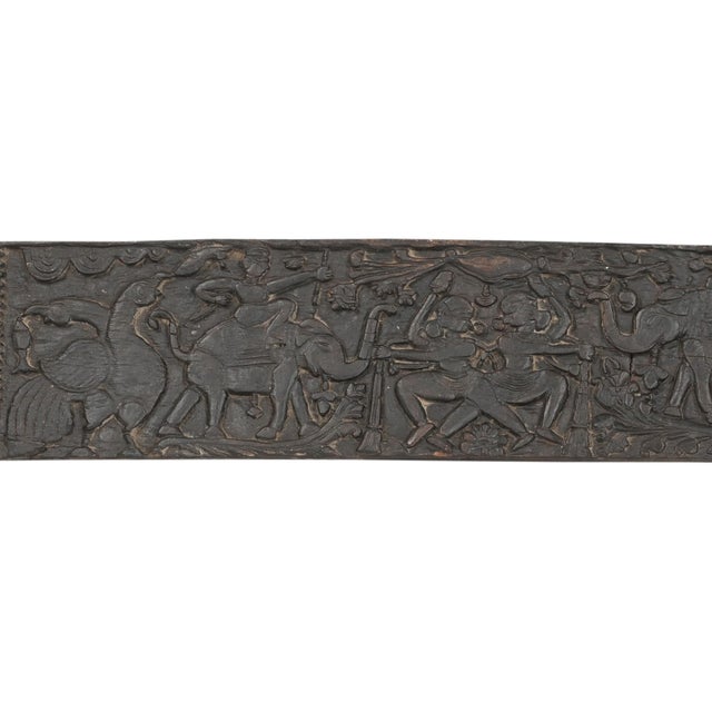 Antique Indian Carved Teakwood Folk Art Panel of Festival Dancers, in a rich dark teak color, also with carved elephants...