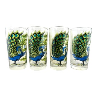 Vintage Mid Century Peacock Glass Tumblers, Set of 4 For Sale