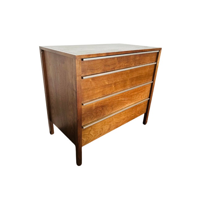 Mid-Century Modern Vintage John Stuart Mid-Century Modern Walnut Four-Drawer Dresser by John Stuart – Walnut Chest With Steel Edge Pulls, Circa 1970s For Sale - Image 3 of 18