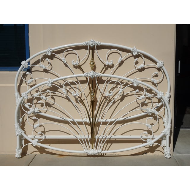 French Vintage French Elliott's Designs White Gold Iron Queen Headboard W Footboard #3 For Sale - Image 3 of 15