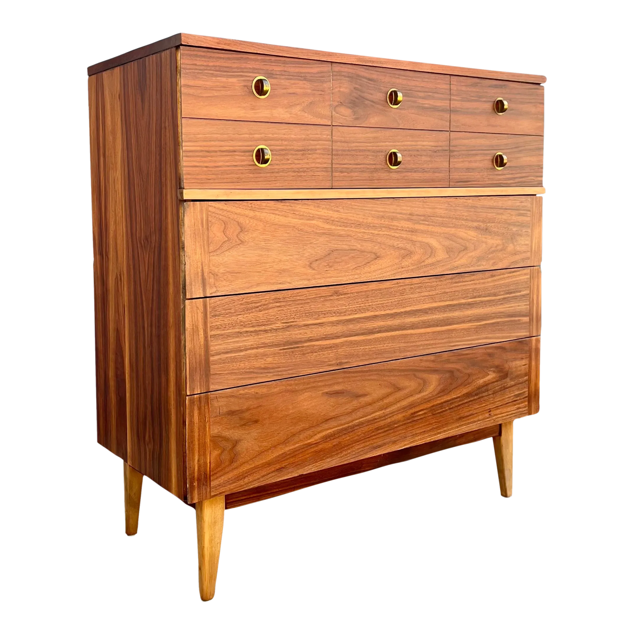 mid century modern highboy dresser Walnut & Brass By Stanley Kent Coffey Perspecta Vintage Mid