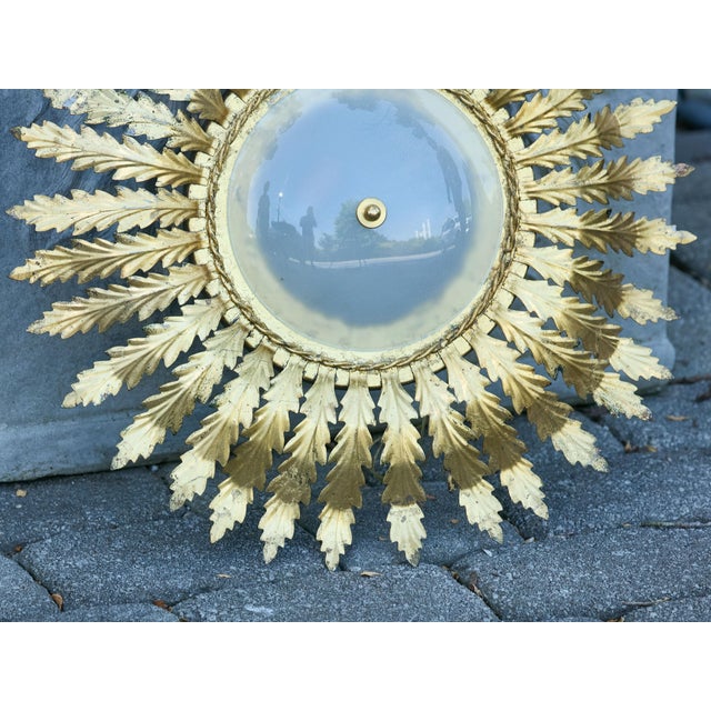 Mid 20th century Spanish Gilt Metal Semi-Flush Sunburst Light Fixture with Star Motifs For Sale - Image 9 of 12