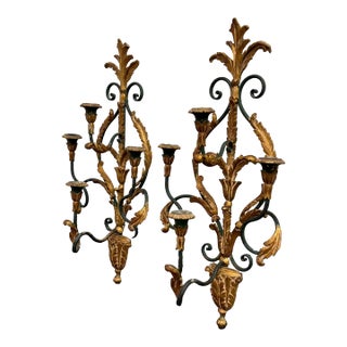 Mid 20th Century Italian Gilt Metal Laurel Wreath Candelabra Sconces, Pair For Sale
