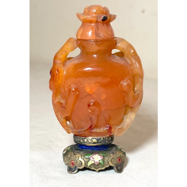 Antique Chinese Carved Carnelian Agate Enamel Sterling Silver Stone Snuff Bottle For Sale - Image 4 of 15