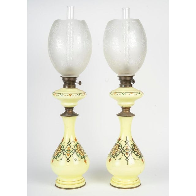 Glass 19th Century Oil Lamps in Painted Opaline Glass with Crystal Shades, 1890s, Set of 2 For Sale - Image 7 of 8