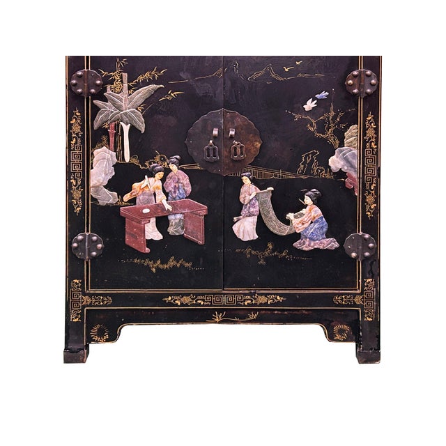 Vintage Chinoiseries Black & Stone Inlay Graphic End Table Nightstand For Sale In San Francisco - Image 6 of 15