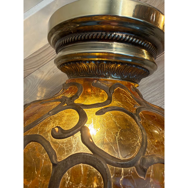 Mid-Century Modern 1960s Mid-Century Modern Amber Glass Genie Bottle Lamps With Brutalist Metal Overlay - Pair For Sale - Image 3 of 8