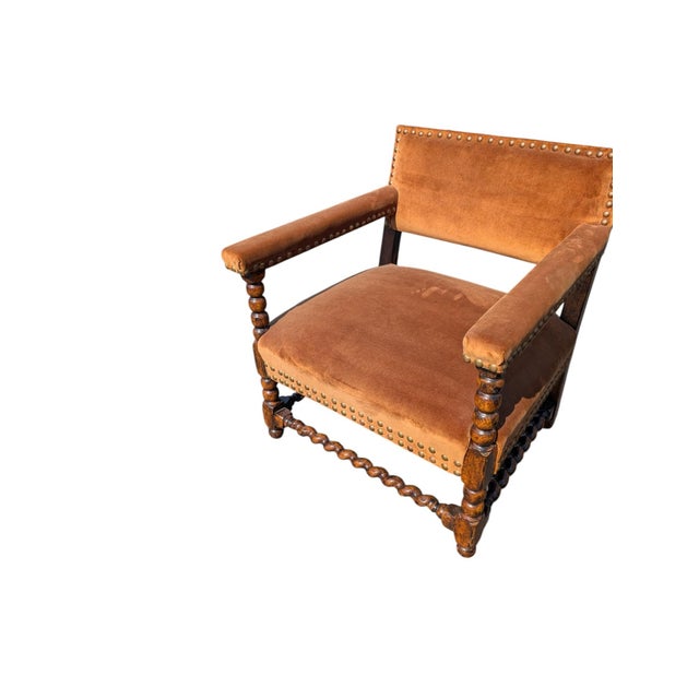 Jacobean 1980s Brown Velvet Armchair With Nailhead Trim Wooden Frame Accent Chair For Sale - Image 3 of 5