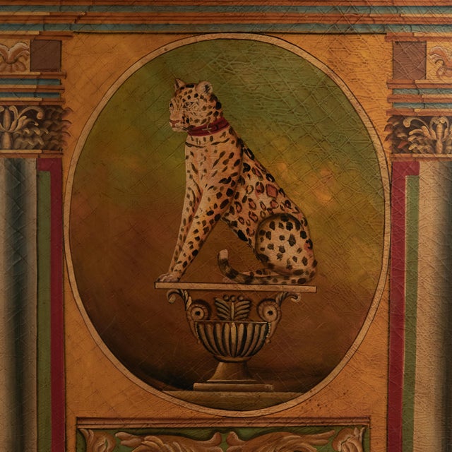 Lofty vintage acrylic painting on wood of a fanciful composition with columns, ornaments, a leopard on a pedestal and...