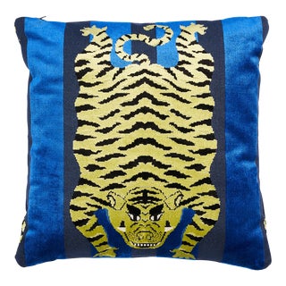 Schumacher x Johnson Hartig Jokhang Tiger Velvet 18" Pillow in Blue For Sale
