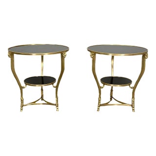 Pair of French Rams Head Gueridon, End or Side Tables, Black Marble Top, Bronze For Sale