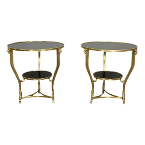 Pair of French Rams Head Gueridon, End or Side Tables, Black Marble Top, Bronze