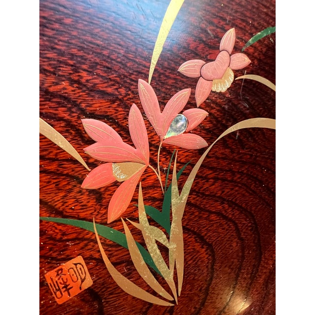1970s Vintage Round Wooden Asian Style Tray With Floral Accents For Sale - Image 5 of 7