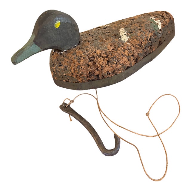 Early 20th Century American Folk Art Cork Duck Decoy With Original Attached Weight and Line For Sale
