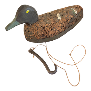 Early 20th Century American Folk Art Cork Duck Decoy With Original Attached Weight and Line
