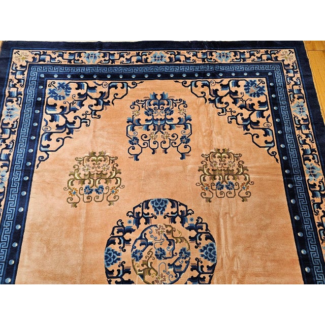 Early 20th Century Art Deco Chinese Rug, Handwoven Wool Pile, Apricot & Navy, Lotus Motif, 8' x 11' For Sale - Image 11 of 18