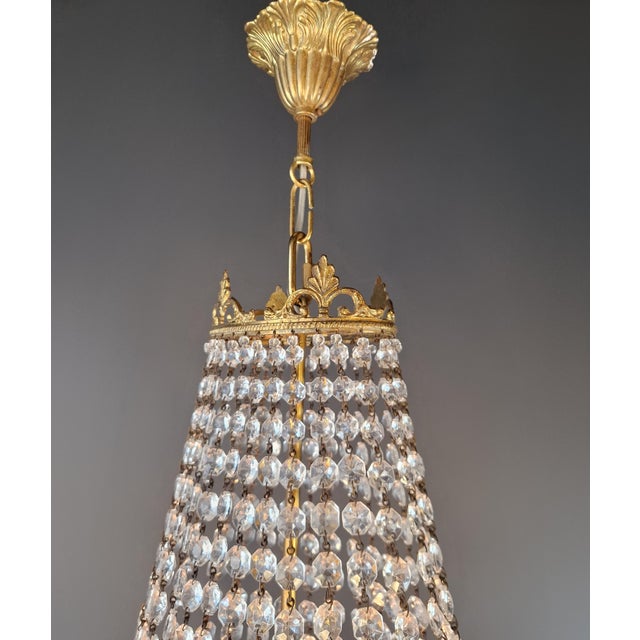 Antique Art Nouveau Low Oval Plafonnier Crystal Chandelier Brass Lustre Ceiling For Sale - Image 11 of 13