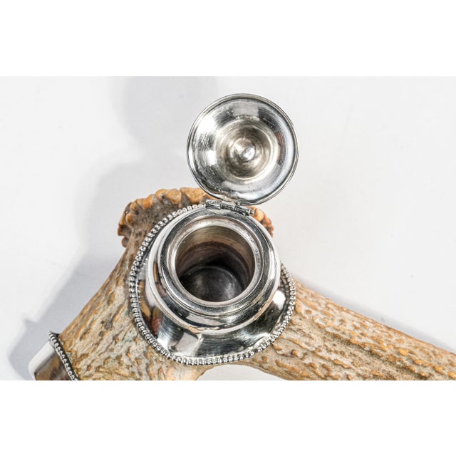 Rustic Antique Victorian Antler Sterling Silver Desk Inkwell Paperweight Nature Sculpture For Sale In New York - Image 6 of 12